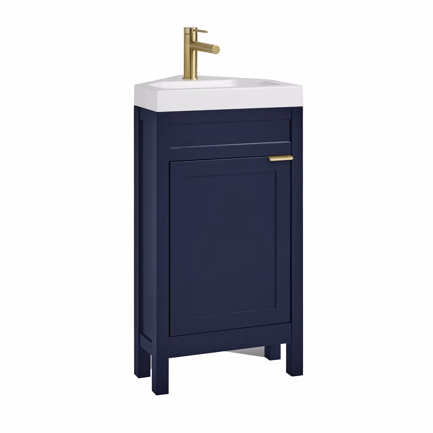 Mobile Bagno Angolare Blu Marino da 450mm con Lavabo e Maniglia Moderna con Impugnatura a Dito in Oro Satinato - Warwick