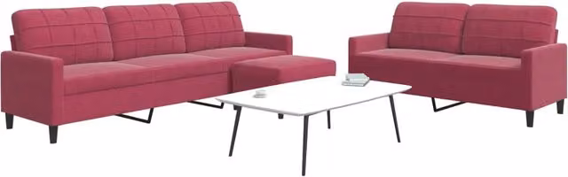 Set di divani moderno vidaXL in velluto rosso composto da divano a 3 posti, divano a 2 posti e pouf con cuscini inclusi