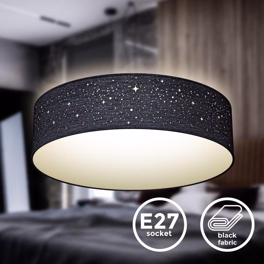 B.K.Licht Plafoniera in tessuto nero con effetto a stelline, attacco per 2 lampadine E27 non incluse, Lampada da soffitto rotonda diametro 38cm, Lampadario moderno per salotto o camera da letto IP20
