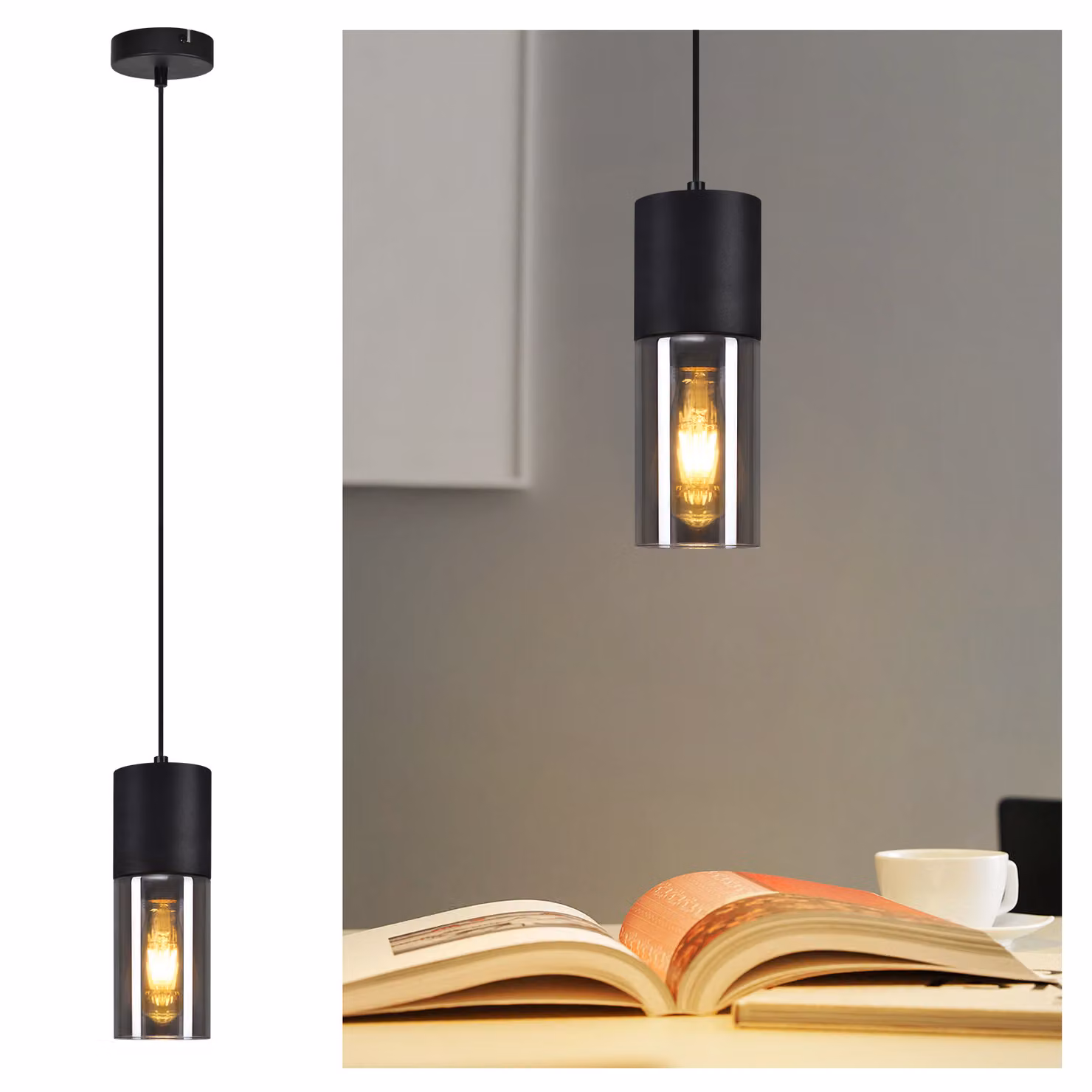 ZMH Lampada a sospensione nera da tavolo Lampada a sospensione a 1 fiamma Luce a sospensione E27 Cucina Vetro Metallo Lampada a sospensione Industriale Moderna per soggiorno Camera da letto