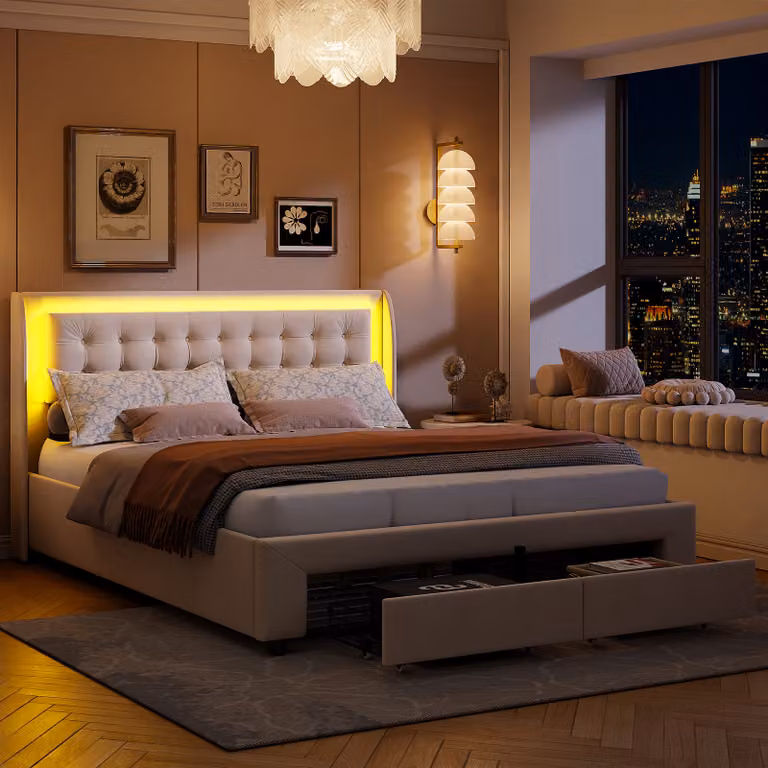Letto imbottito CDGlobal letto matrimoniale 160x200 cm con illuminazione a LED, letto idraulico con cassetti e testata, letto contenitore rete con rete e doghe, velluto (beige)