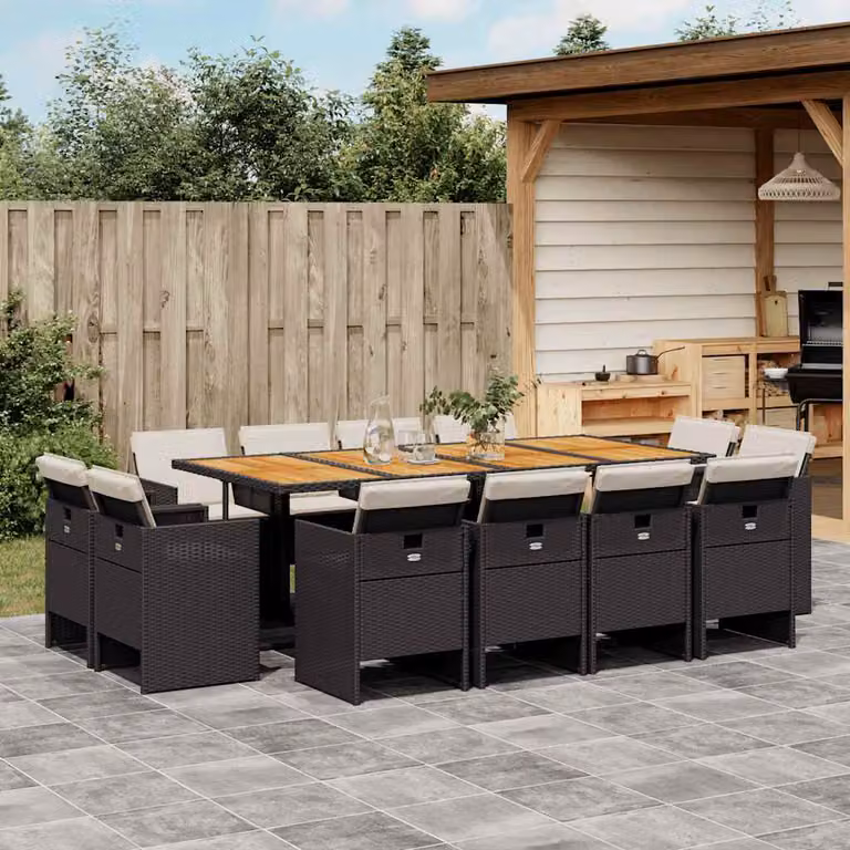 vidaXL Set da Pranzo da Giardino 13pz in Polyrattan con Tavolo in Legno di Acacia e Cuscini Nero, Marrone e Bianco