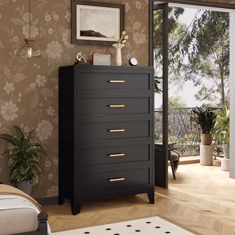 Comodino con 5 cassetti, metallo nero, 60 x 135 cm