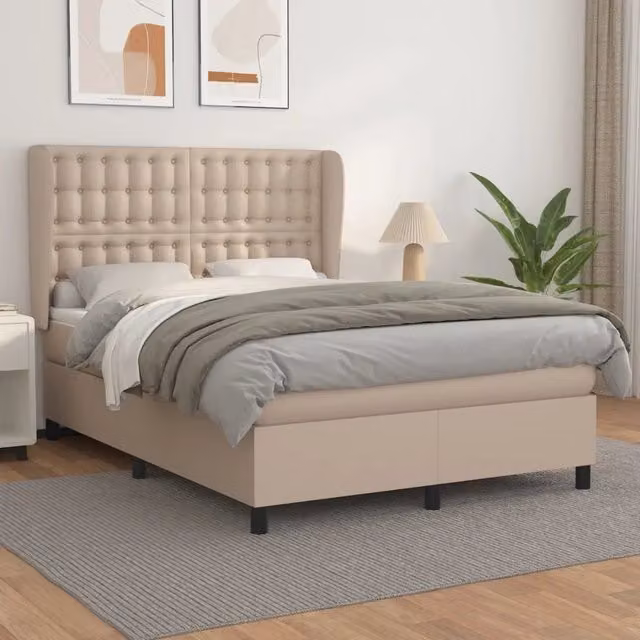 Letto con Giroletto a Molle e Materasso Ibrido vidaXL in Similpelle Beige e Bianco L/P/H: 140 x 200 x 128 cm