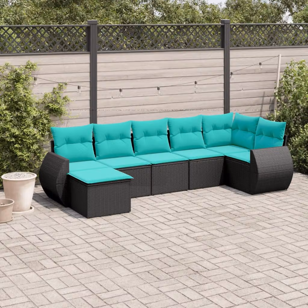 Set di divani da giardino vidaXL 7 pezzi in rattan con cuscini, modello a L con pouf, nero e blu