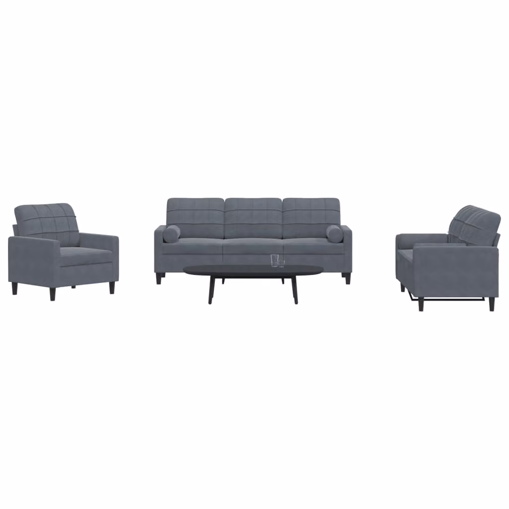 Set di divani vidaXL da 3 pezzi in velluto grigio con cuscini e struttura in metallo per soggiorno – 1