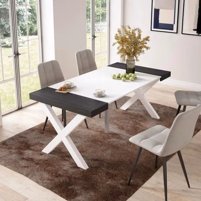 Consolle allungabile, 58 fino 180x90x73cm, Per 8 persone, Gambe in legno, Bianco e nero RF2768