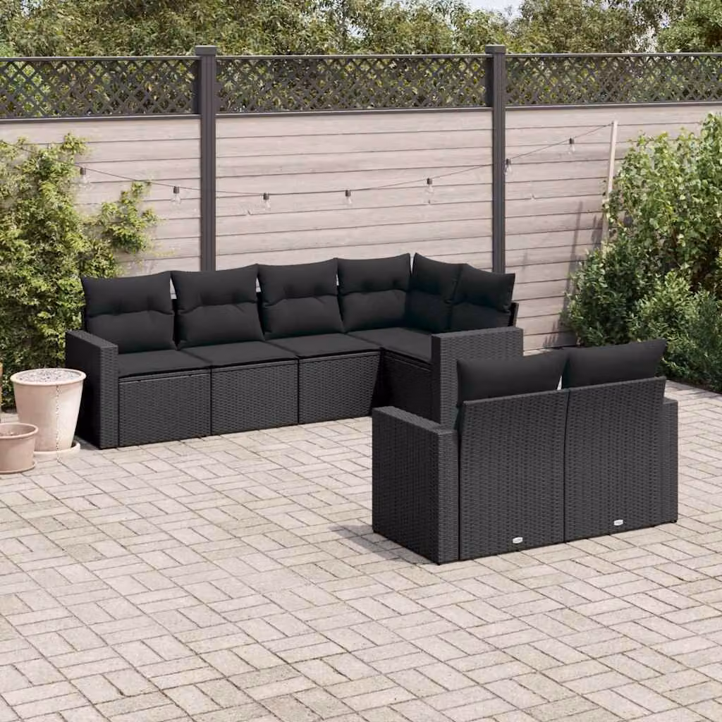 Set di divani da giardino a L vidaXL in polyrattan nero con 7 cuscini imbottiti e coperture rimovibili – 1
