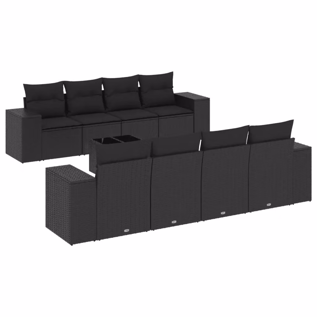 vidaXL Set Divani da Giardino 9 pz in Polyrattan Nero con Cuscini e Tavolino da Esterno – 2