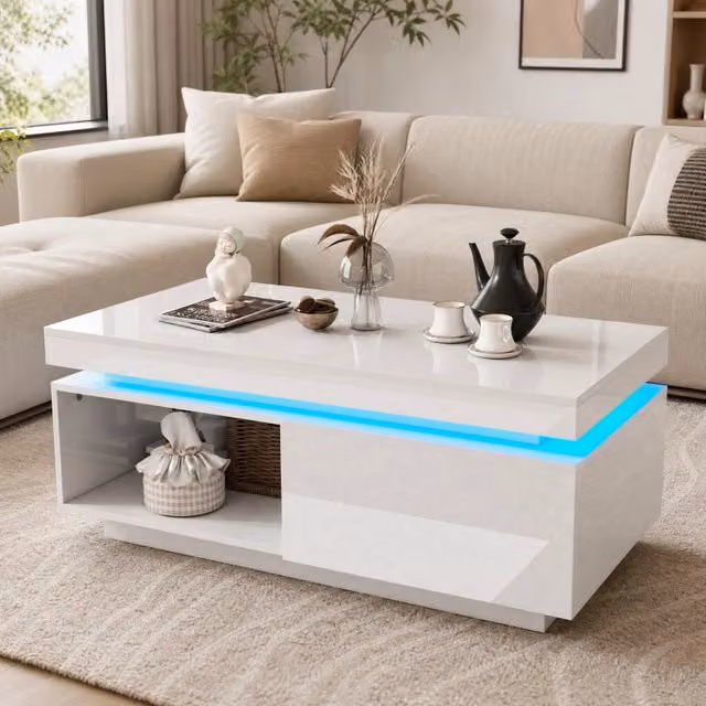 Desviae Mobile TV con tavolino da salotto in pannello di particelle bianco lucido con illuminazione LED per soggiorno