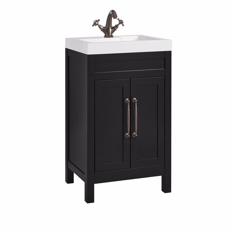 Mobile Bagno Grigio Nero da 500mm con Lavabo e Maniglia Classica con Barra a T in in Bronzo Spazzolato - Warwick