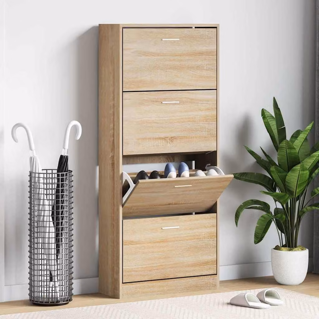 Scarpiera moderna vidaXL in legno color rovere marrone con scomparti basculanti, L: 63 cm, P: 24 cm, H: 147 cm