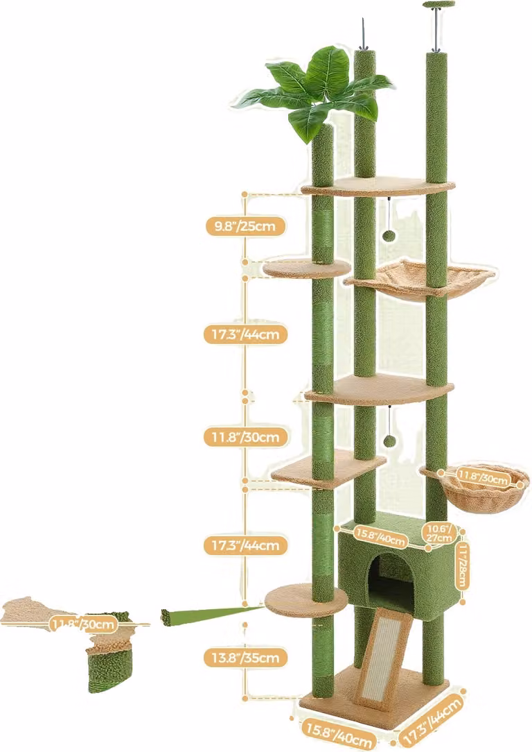 Albero per gatti da terra a soffitto, design a più livelli, altezza regolabile, AMT0249GN, XL