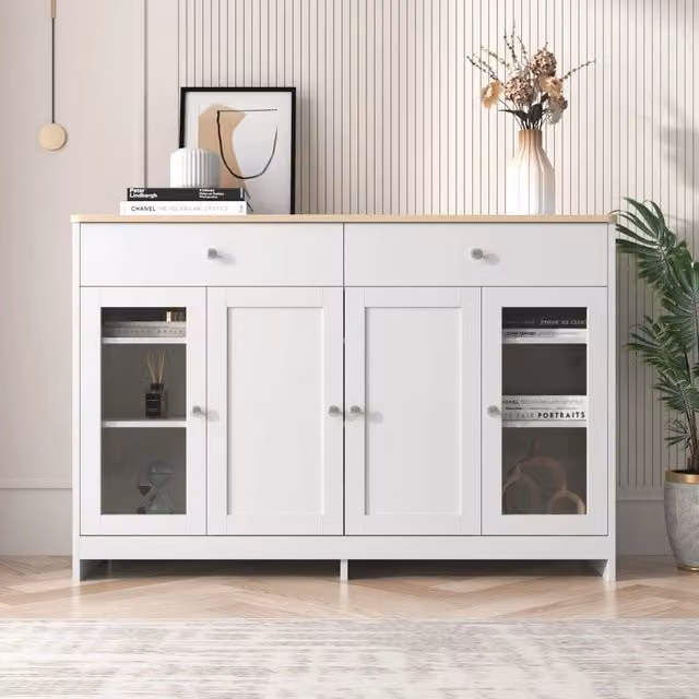 Sideboard Zephmum bianco con venature legno, 4 ante e 2 cassetti con dettagli in vetro