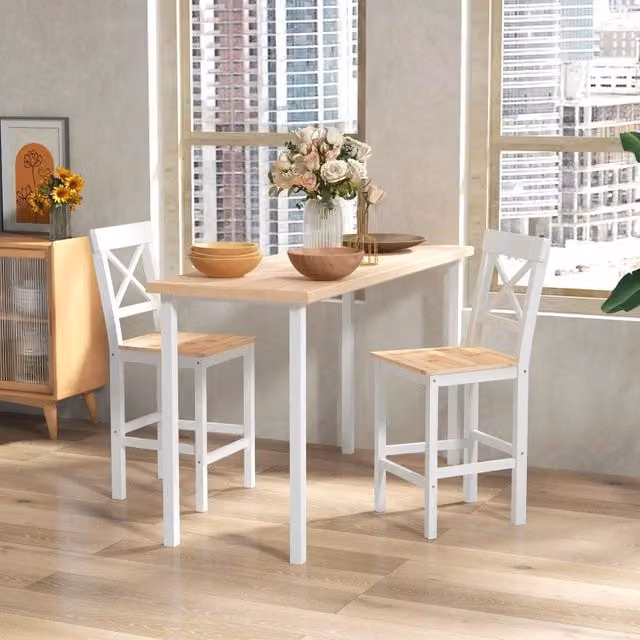 Set di 2 sgabelli da bar WISHDOR in legno di pino naturale con schienale a X e poggiapiedi, disponibili in bianco o marrone