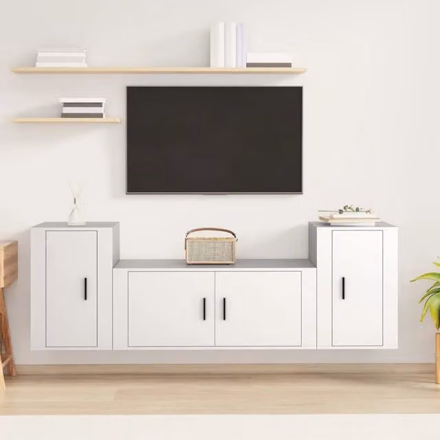 Set Mobili Porta TV 3 pz-Set di 3 Credenza per TV Bianco in Legno Multistrato 650574