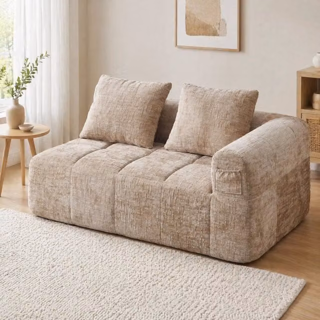 Divano a 2 posti MIVRAY con chaise longue e cuscini, modello L-shape moderno in tessuto beige, L/P/H: 158 x 60 x 90 cm