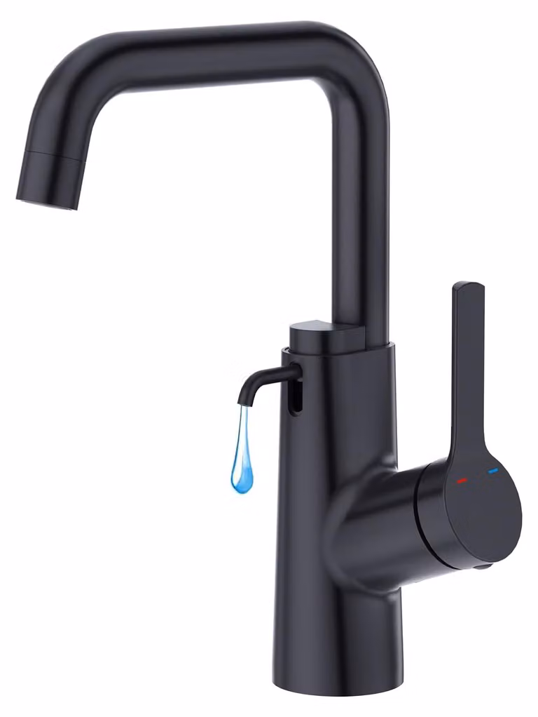 Miscelatore per lavabo 2-in-1 con dispenser per sapone, nero, acciaio inossidabile, rotazione a 360°