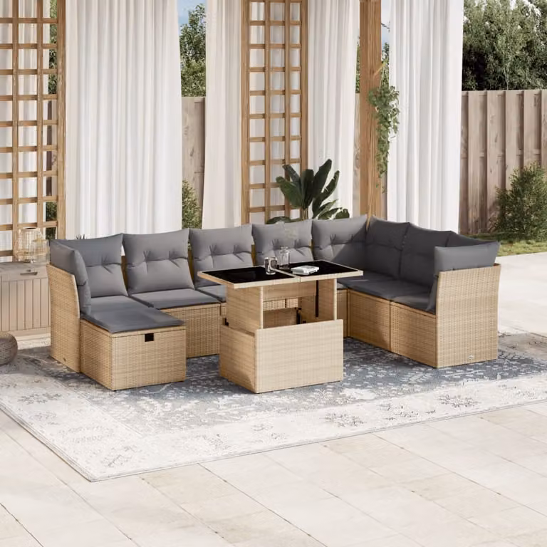vidaXL Set Divano da Giardino a L 9 pz con Cuscini Beige e Tavolino, Polyrattan e Acciaio Verniciato a Polvere