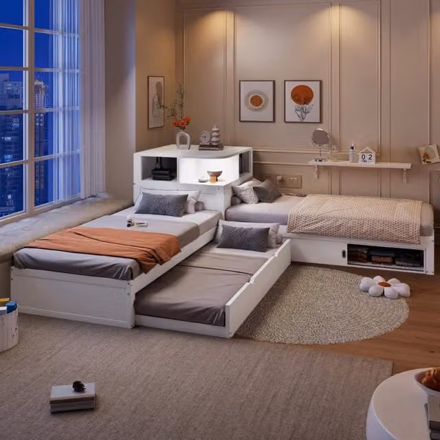 Letto a piattaforma WISHDOR per bambini con letto estraibile, contenitore con ante scorrevoli e luce notturna, bianco, L/P: 90 x 200 cm