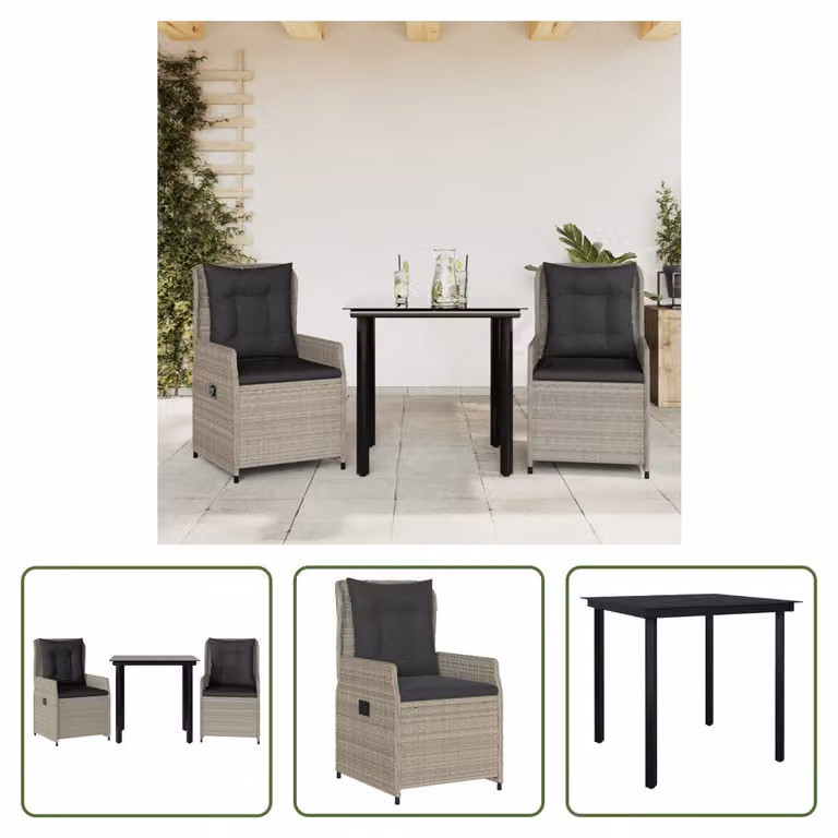 The Living Store Set da pranzo da giardino 3 pezzi con cuscini in rattan grigio chiaro