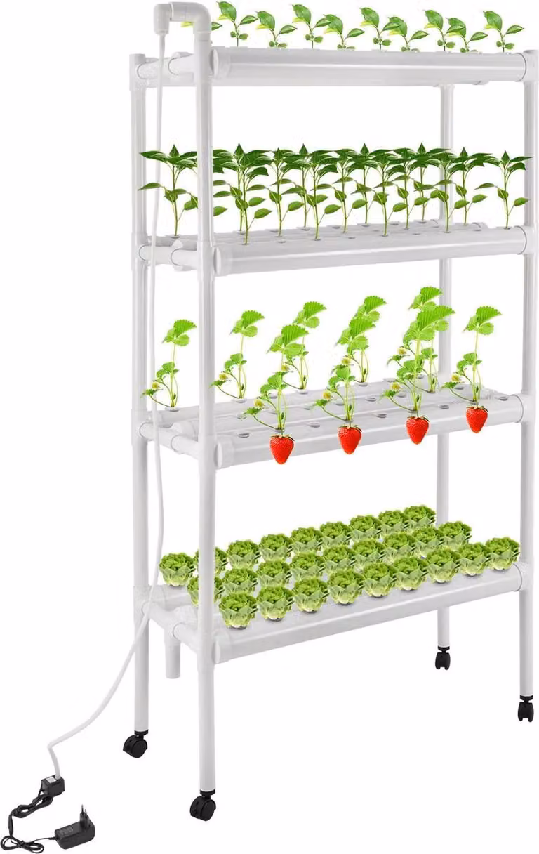 Sistema di coltivazione idroponica a 4 livelli - Set in PVC - 12 tubi - Con pompa dell'acqua e timer - Scaffale di coltivazione senza terra - Con ruote