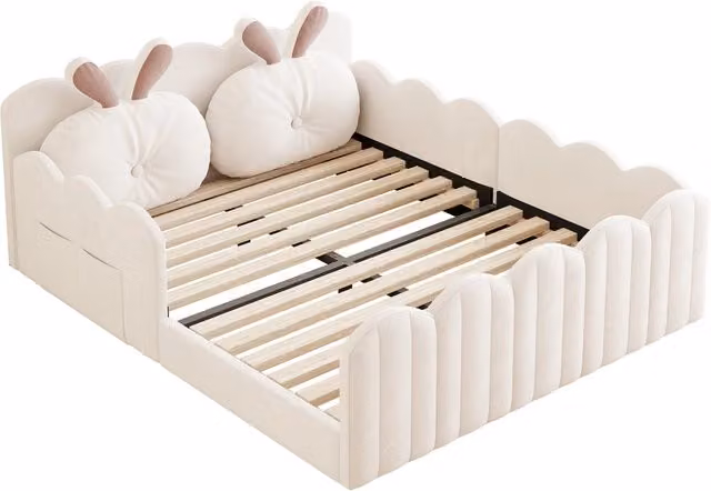 Letto imbottito beige 140x200 con cuscino a forma di coniglio e sponde