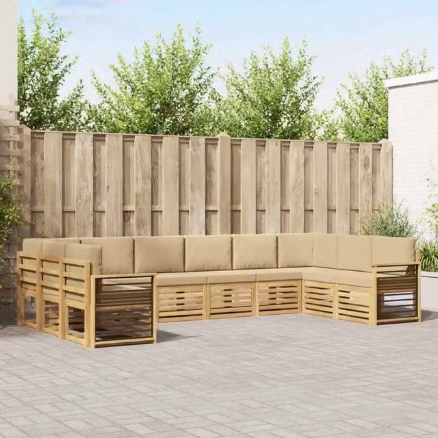 Set di divani da esterno a L vidaXL in legno di acacia con cuscini bianchi e beige – 1