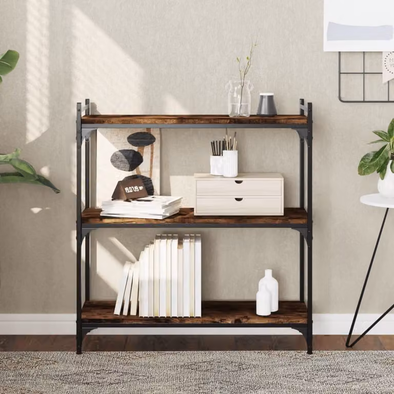 Libreria vidaXL a 3 Ripiani in Stile Industrial con Legno e Metallo, Colore Marrone Rovere Fumo, L 80 cm x P 30 cm x H 86 cm