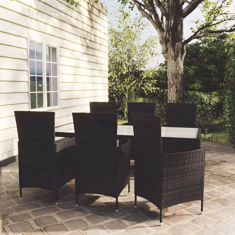 Set da Pranzo da Giardino vidaXL in Polyrattan Nero con Cuscini e Tavolo in Vetro, 7 Pezzi