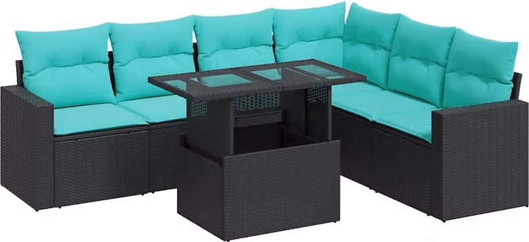 Set Divani Giardino 7 pz con Cuscini Nero Polyrattan Acacia