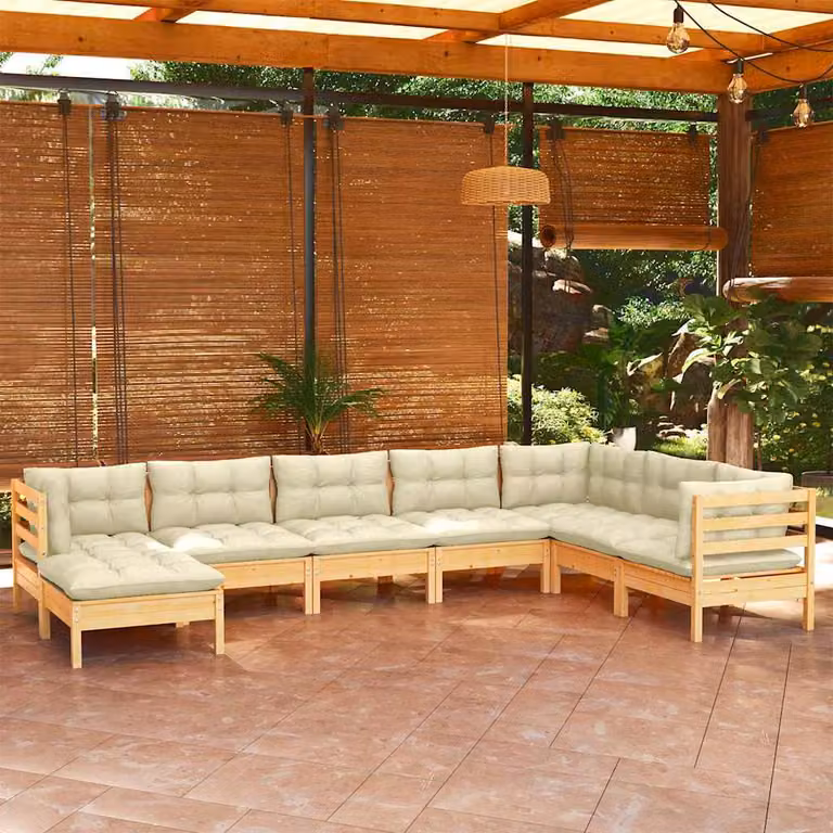 Set di divani da giardino vidaXL a forma di L composto da 8 pezzi in legno massello di pino con cuscini beige