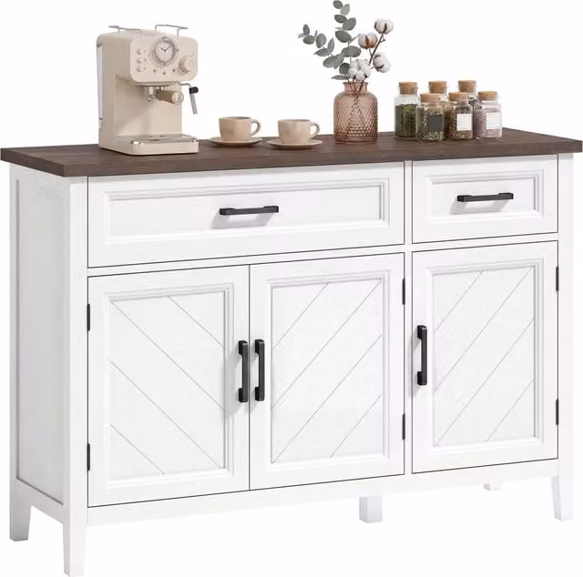 Credenza da cucina Minimal con 3 ante, 2 cassetti e ripiani regolabili, colore bianco e marrone