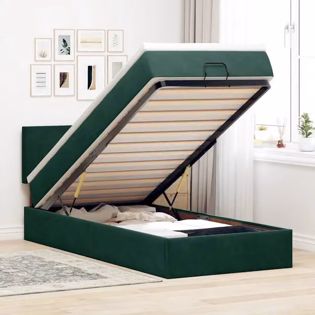 Letto con Pouf e Materasso vidaXL in Velluto Verde e Bianco con Base a Sollevamento L/P/H: 80 x 200 x 88 cm