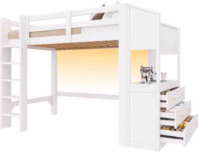 Letto a soppalco 90x200 bianco con 3 cassetti ripiani e luci LED integrate