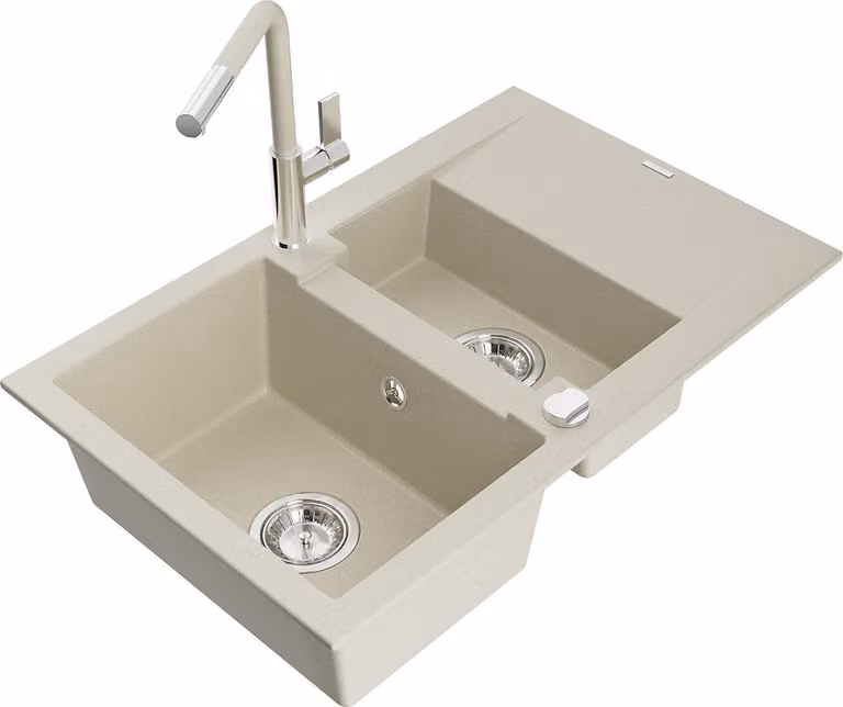 Mexen Gaspar lavello in granito 1,5 vasche con scolapiatti e rubinetto da cucina Flora, beige - 6507-69-670401-09