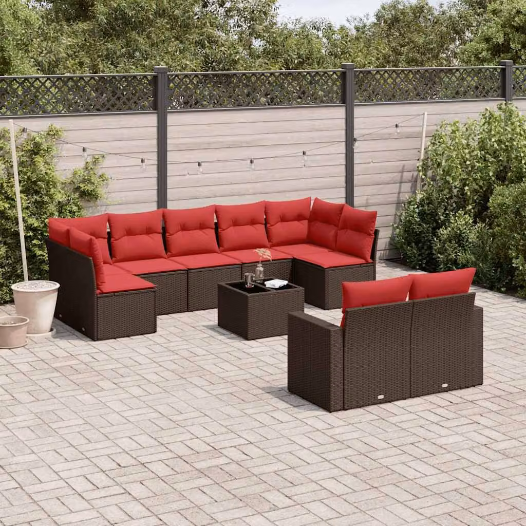 Set di divani da giardino vidaXL in polyrattan marrone con cuscini e tavolino da esterno a forma di L – 1