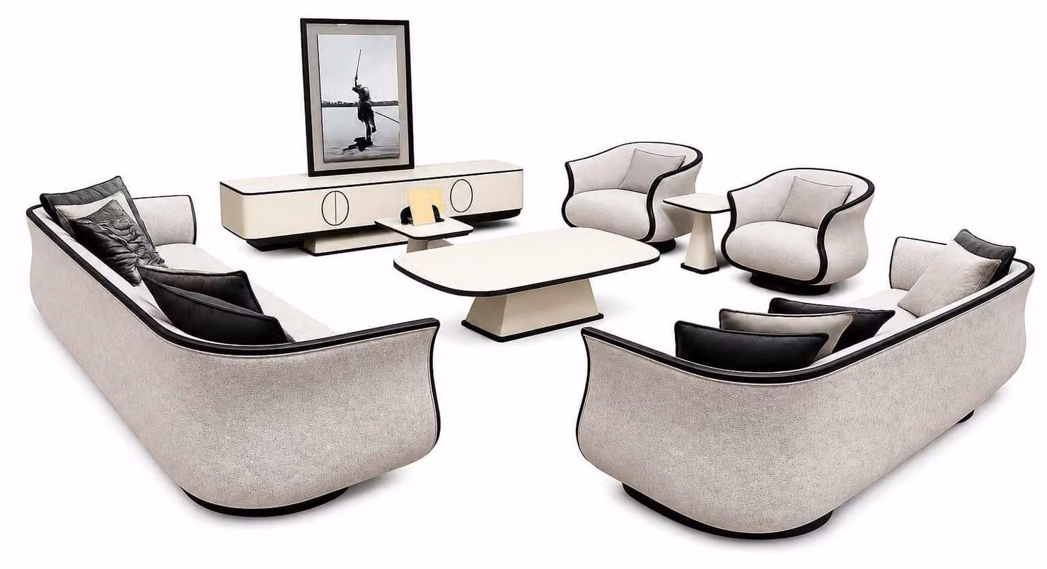 Set di divani componibili design, composto da: 3 divani a 3 posti, 2 divani a 1 posto, mobile TV completo, tavolino