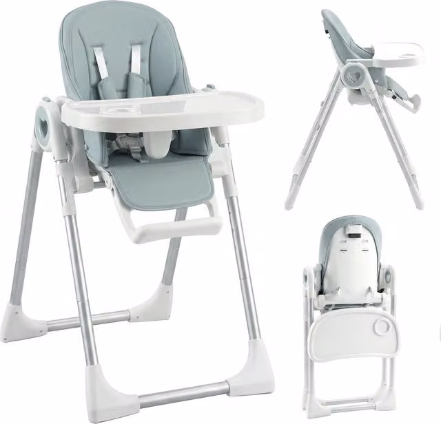 Seggiolone pappa pieghevole AIYAPLAY per bambini da 6 a 36 mesi con altezza regolabile, doppio vassoio lavabile e ruote, verde