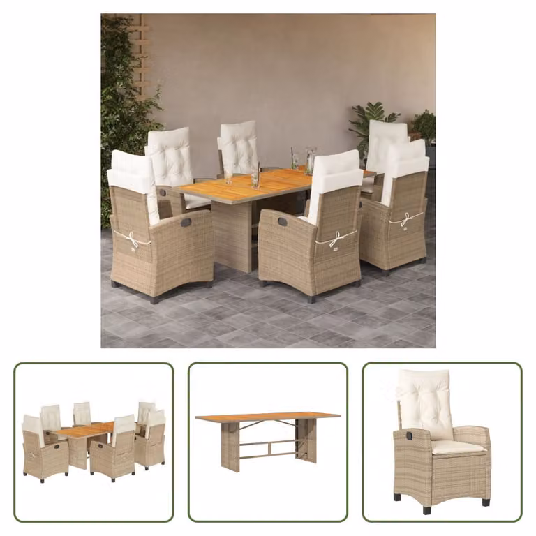 The Living Store Set da pranzo da giardino 7 pezzi con cuscini Beige poly rattan