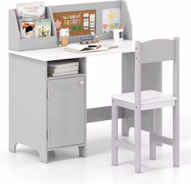 Set di scrivania e sedia per bambini in legno con scaffale armadietto bacheca, Postazione di scrittura Grigio