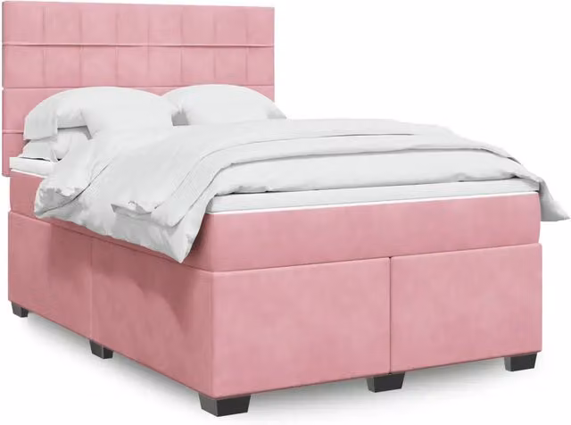 Letto con struttura imbottita in velluto rosa e bianco vidaXL con materasso ibrido L/P: 140 x 200 cm
