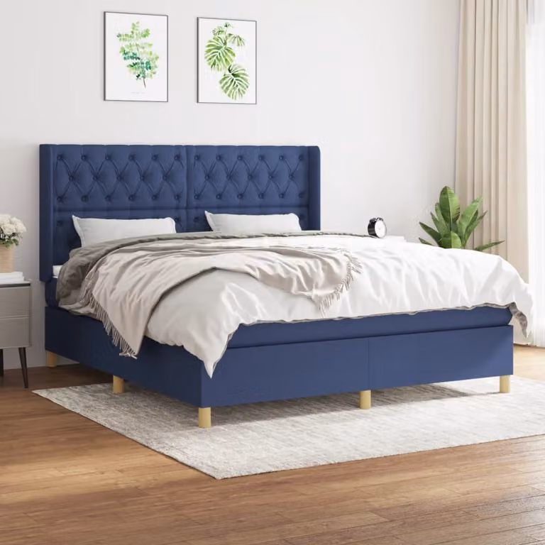 The Living Store Letto a molle con materasso Blu 160x200 cm in tessuto