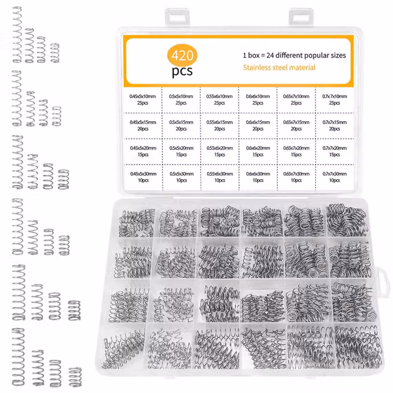 Set di molle a compressione, 420 pezzi, 24 specifiche, diametro da 15 a 7 mm, lunghezze da 10 a 30 mm