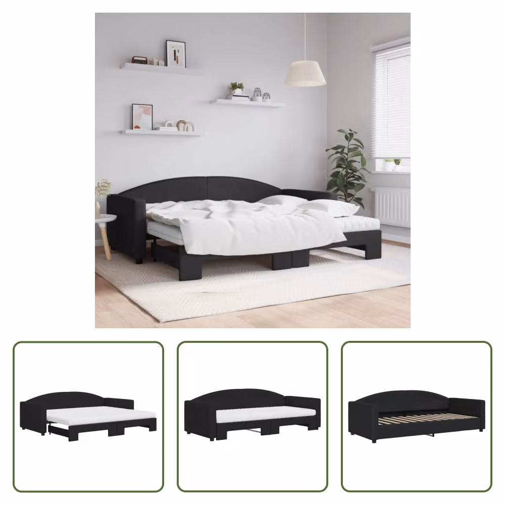 The Living Store Lettino allungabile con materassi nero 90x200 cm in tessuto