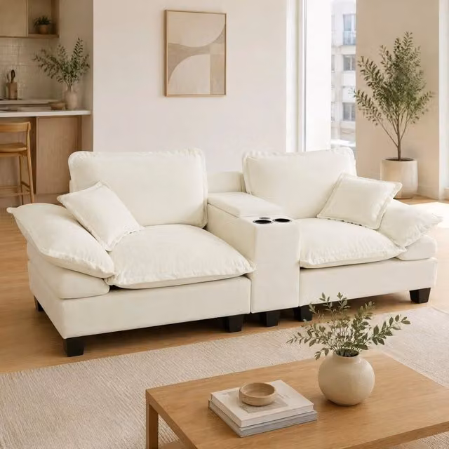 Divano modulare a L Mivray in tessuto beige con ottomana coordinata, ricarica USB e portabevande per il tuo soggiorno – 1