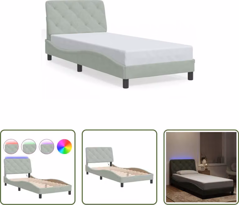 The Living Store Struttura letto con luci LED grigio chiaro 90x200 cm in velluto