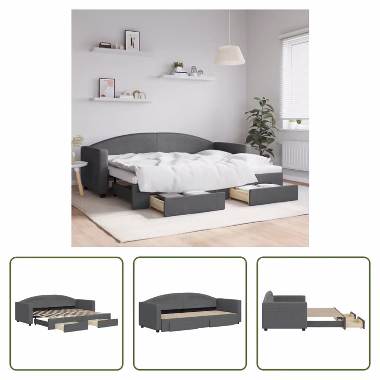 The Living Store Letto da giorno allungabile con cassetti grigio scuro 80x200 cm tessuto