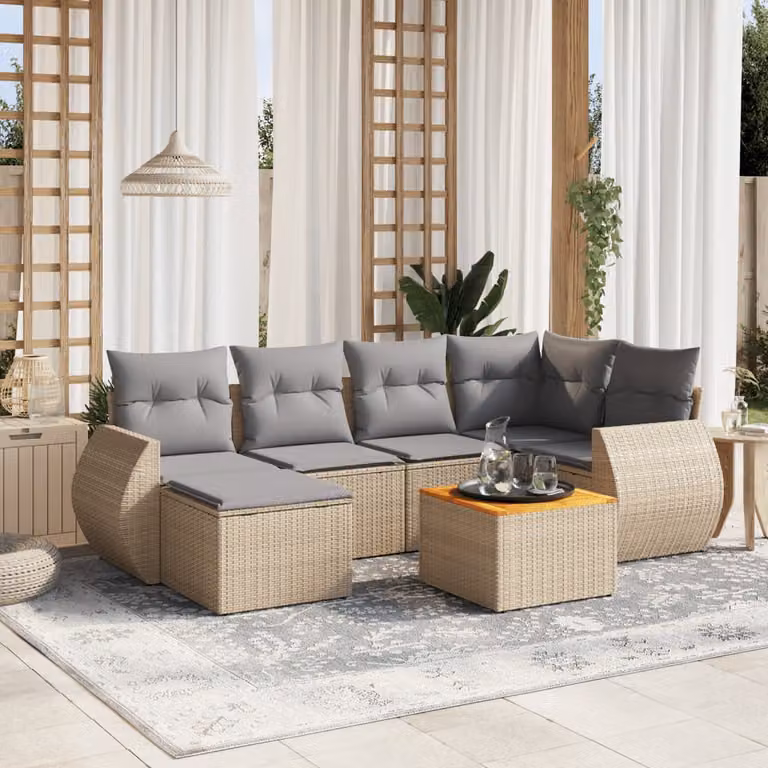 Set Divani da Giardino vidaXL 7 pz in Polyrattan Beige con Cuscini e Tavolino