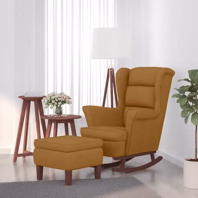 Sedia a dondolo con schienale alto in velluto marrone e pouf vidaXL con struttura in legno massiccio – 1